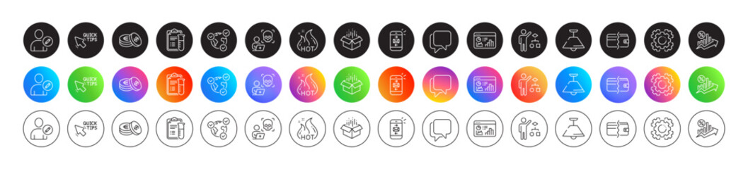 Medical analyzes, Payment methods and Savings line icons. Round icon gradient buttons. Pack of Online voting, Seo statistics, Seo gear icon. Open box, Ceiling lamp, Quick tips pictogram. Vector