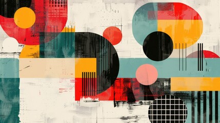 Modern abstract art featuring a complex arrangement of geometric shapes and textures in a bold color palette, evoking a retro yet contemporary feel.