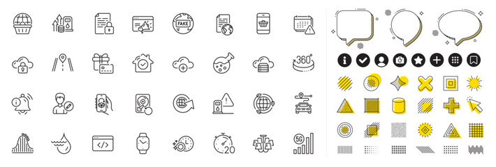 Set of Seo script, Edit person and House security line icons for web app. Design elements, Social media icons. Information bell, Dishwasher timer, Lock icons. Vector