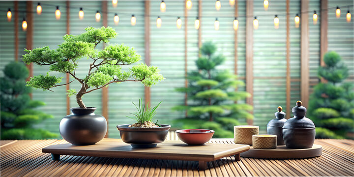 Japanese style, bansai, gentle tones, green tones, sake, stones, babmuk, background, wallpaper, wallpaper in Japanese style, minimalism, macro, figurines, garlands, bowls, tree, nature, calm, relax, b