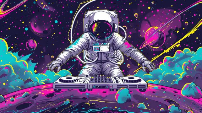 Flyers for a space party with astronaut DJ, turntables in the open space, spacemen mixing techno sounds, spaceman posting cosmos and galaxy posters, free drinks and parking. Modern illustration