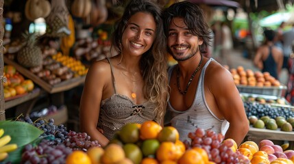 Couple's amused tasting of exotic Balinese fruits for the first time.