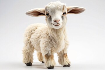 Fototapeta premium Realistic adorable goat stuffed toy is standing, cute pet concept, isolated on white background