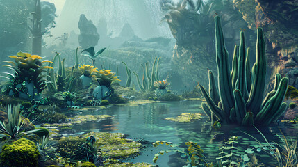 Fantasy landscape with lot strange plants and vegetation 