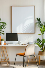 Tranquil office environment with pops of bright color and a blank white frame, inviting creativity...