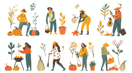 Autumn harvest time flat vector illustrations set. Fa