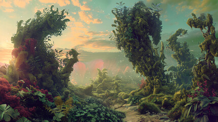 Fantasy landscape with lot strange plants and vegetation  - obrazy, fototapety, plakaty