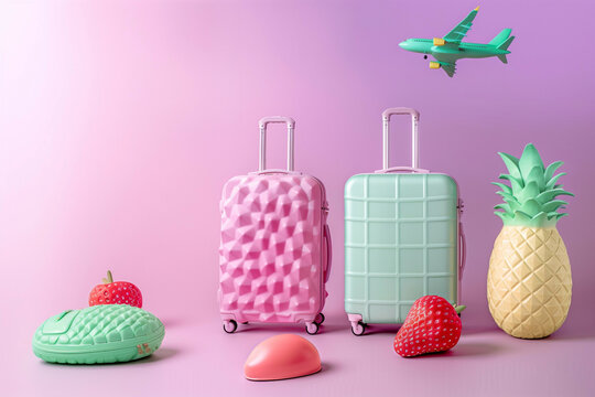 Suitcase, airplane, pineapple, strawberry colors yellow, green, light pink, pink, purple, light purple