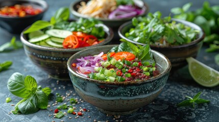 Vibrant bowls of Vietnamese Pho served with fresh herbs. - obrazy, fototapety, plakaty