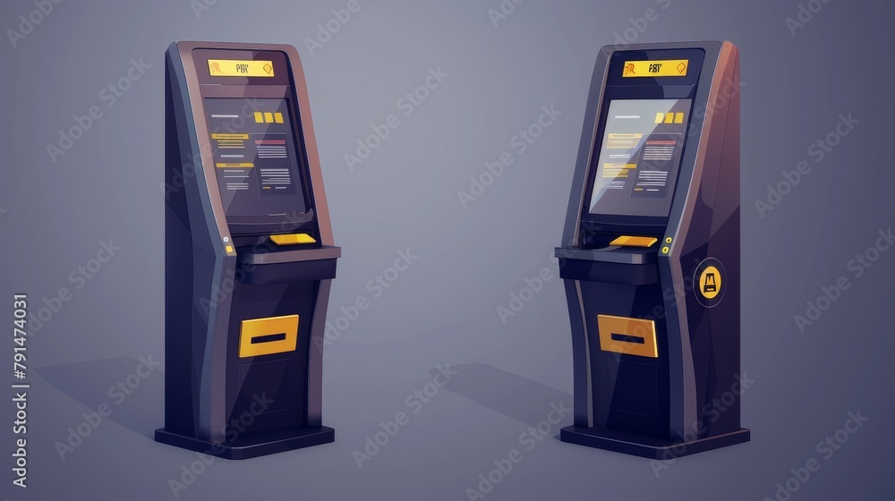 Aufkleber mockup of a self-service interactive terminal for electronic payment in front and from an angle for 
