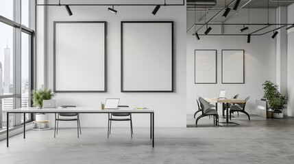 Tranquil office environment with contemporary design and a blank white frame, setting the stage for creative thinking.