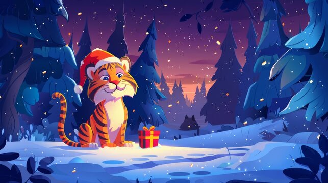 The cartoon illustration depicts a cute tiger wearing a red Santa Claus hat in a winter forest at night.