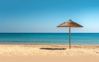 Fototapeta na wymiar Empty sand beach with a straw umbrella