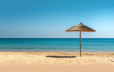 Fototapeta premium Empty sand beach with a straw umbrella