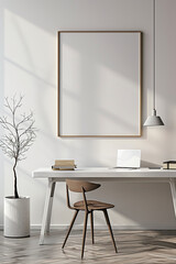 Tranquil office environment with contemporary design and a blank white frame, setting the stage for creativity.