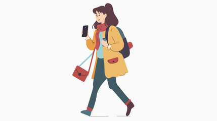Happy woman walking and talking with mobile phone in