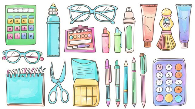 An illustration of school and office stationery, including pens, pencils, markers, notebooks, and rulers. Modern doodle set of study materials, scissors, glasses, calculators, and paints.