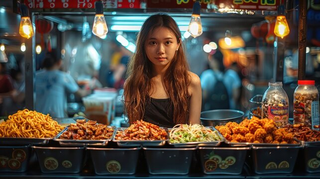 Asia woman at a Singaporean hawker center being taught about the fusion of Chinese and Malay culinary traditions.