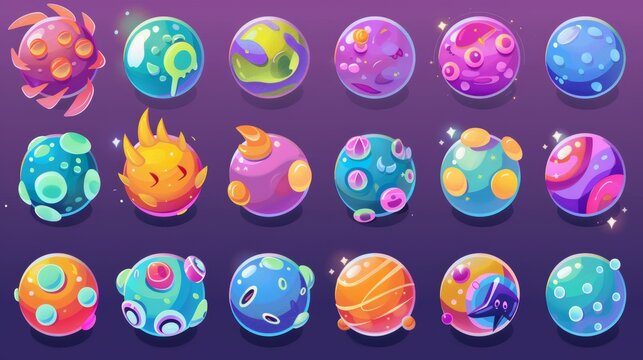 A collection of cute alien planets and moons for an Ui space game. Modern cartoon icons of magic fantastic world with bubbles, holes, and spirals featuring bubbles, holes, and spirals.
