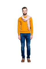 Full size fullbody portrait snap of strict dreamy stylist in sweater jeans having scarf around neck...
