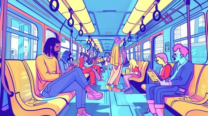 Naklejka na ściany i meble People reading books, listening to music, and sitting and standing with pets in subway train cars. Underground railway commuter with passengers, Line art modern illustration.