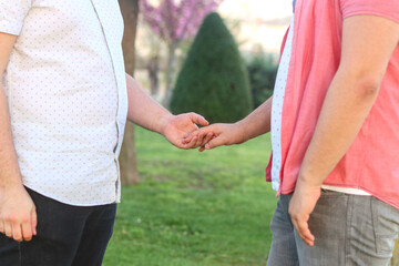 Couple of unrecognizable gay men holding hands standing in a park wearing summer clothes. LGBT...