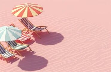 Fototapeta premium Isometric minimalistic composition of beach chairs and umbrellas