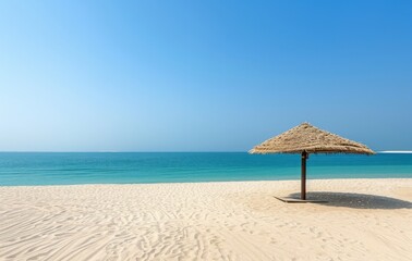 Empty sand beach with a straw umbrella