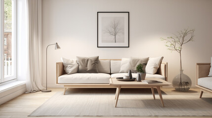 Clean, crisp lines dominate this Scandinavian interior, featuring a comfortable sofa, modern coffee table, and an empty wall awaiting curated decor or customized artwork in a minimalist setting.
