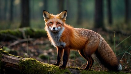 Portrait of a red fox sitting on a log in the woods forest. Animal mammal photography illustration. Vulpes vulpes.	