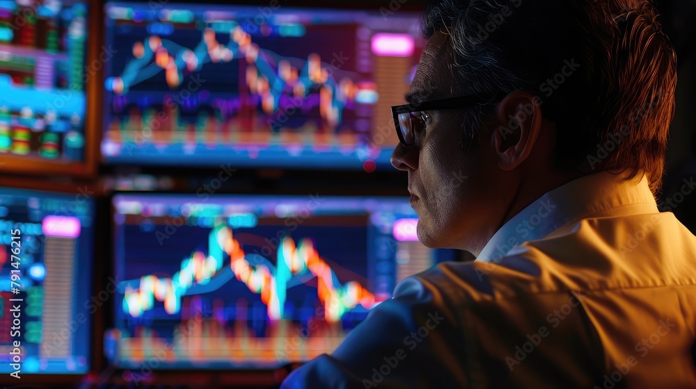 Poster stock trader analyzes market data on their computer, equipped with the tools and knowledge to naviga