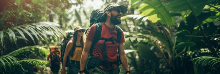 A group of adventurous hikers with backpacks trek through a dense jungle, exploring and discovering the lush environment - obrazy, fototapety, plakaty