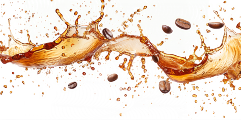 coffee splash with flying beans, capturing the energy on a white backdrop.