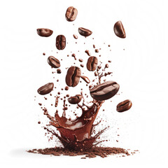 Fototapeta premium coffee splash with flying beans, capturing the energy on a white backdrop.
