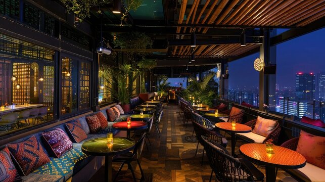 trendy rooftop bar with panoramic city views and stylish decor, offering a modern and cosmopolitan atmosphere for socializing