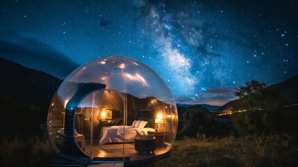 Camp under the stars in a specially designed transparent bubble tent providing a 360degree view of the celestial bodies above. 2d flat cartoon.