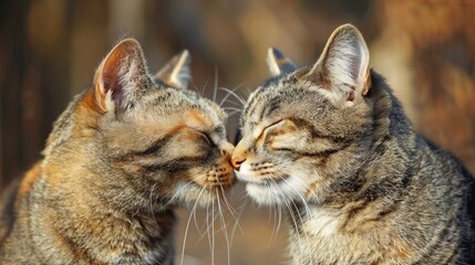 Fototapeta premium Two cats share a tender moment, noses touching in affection, their joyful expressions reflecting pure feline happiness.