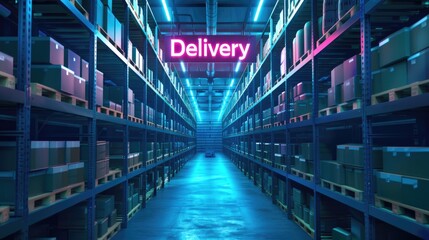Delivery service warehouse. Storehouse with boxes on shelves. Storage interior with inscription delivery