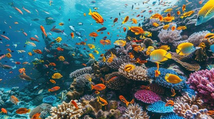 Obraz na płótnie Canvas vibrant school of tropical fish swimming among coral reefs, showcasing nature's underwater beauty