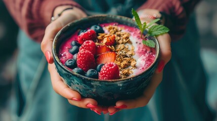 woman holding a smoothie bowl topped with granola and fruit, showcasing vibrant and nutrient-dense...