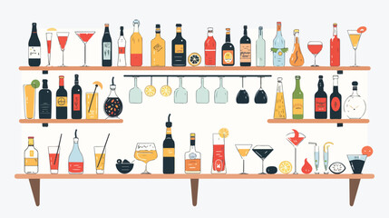 Home bar with alcohol drinks. Home party. Vector flat