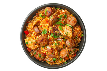 Spicy Jambalaya: A colorful Louisiana-style rice dish with chicken, sausage, and vegetables in a top-down view.