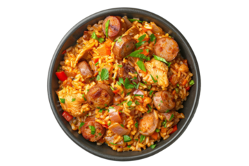 Spicy Jambalaya: A colorful Louisiana-style rice dish with chicken, sausage, and vegetables in a top-down view.