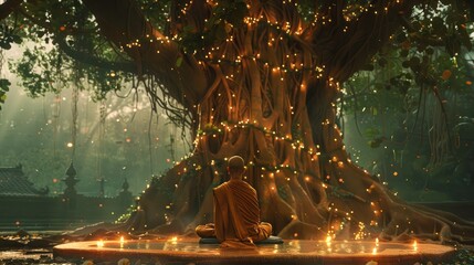 contemplative monk deep in meditation beneath the Bodhi tree, commemorating the enlightenment of Lord Buddha on Vesak Day.