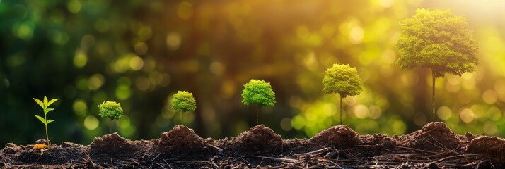 This inspiring image shows the gradual growth of trees from seedling to full maturity against a vibrant, sunlit backdrop