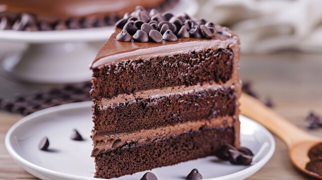 close-up of a delicious slice of layered chocolate cake with ganache frosting