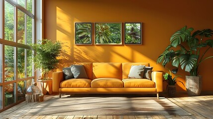 Modern living room of a luxurious Nordic-style house on a sunny day - obrazy, fototapety, plakaty