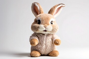 Adorable Rabbit stuffed toy standing on two legs, isolated on white background - obrazy, fototapety, plakaty