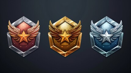 Level badges, medals, medallions, medallions and medallions. Isolated metal award or bonus graphics, reward, trophy achievement moderns. - obrazy, fototapety, plakaty