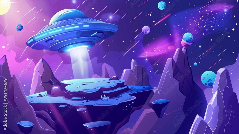 Aufkleber game level map with alien planet landscape and ufo saucer. cartoon computer or mobile arcade with bo